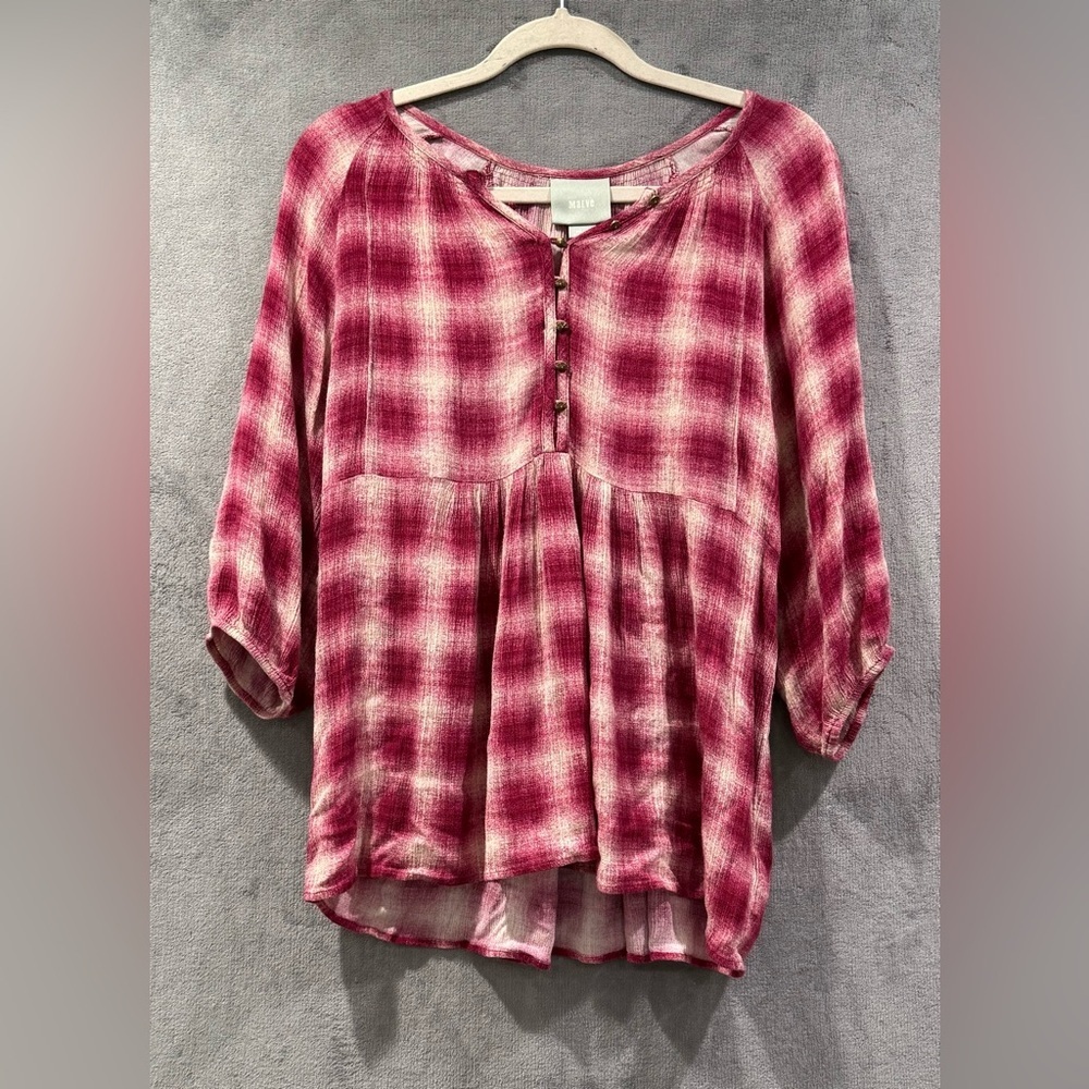 Maeve Anthropologie Cavalon Peplum Plaid Pink White Blouse Women’s Size Small